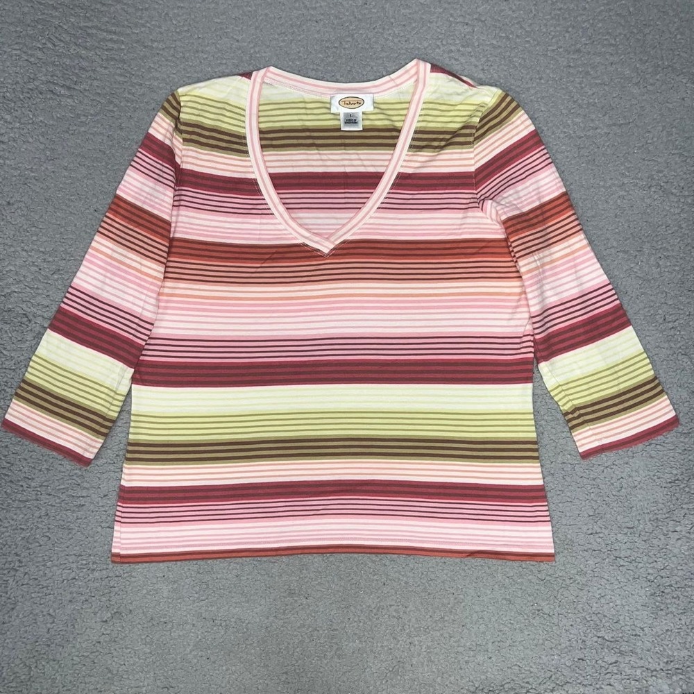 VTG Talbots Shirt Women Sz L Pink Stripe 3/4 Sleeve V-Neck Blouse Top Preppy Y2k